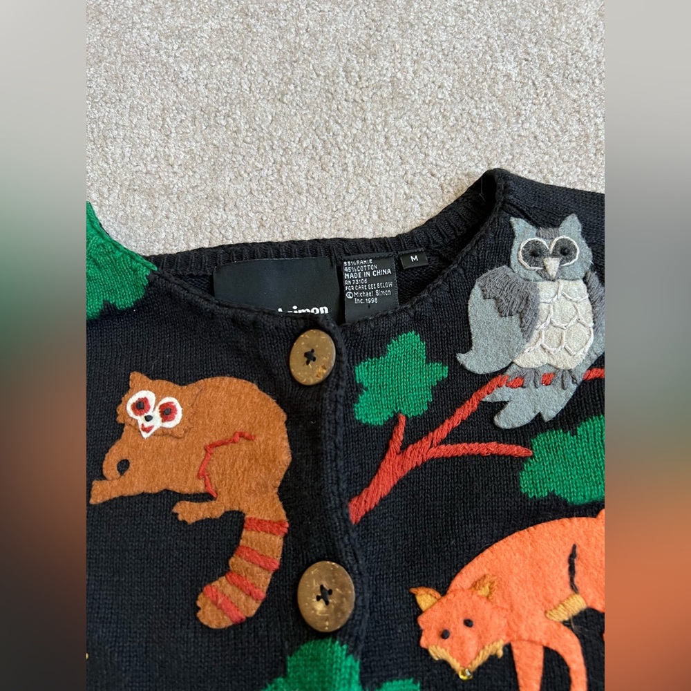 Michael Simon M Forest Animals Sweater Cardigan Embroidered - Picture 2 of 5